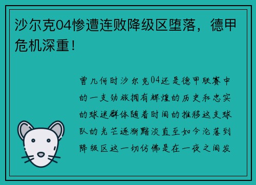 沙尔克04惨遭连败降级区堕落，德甲危机深重！